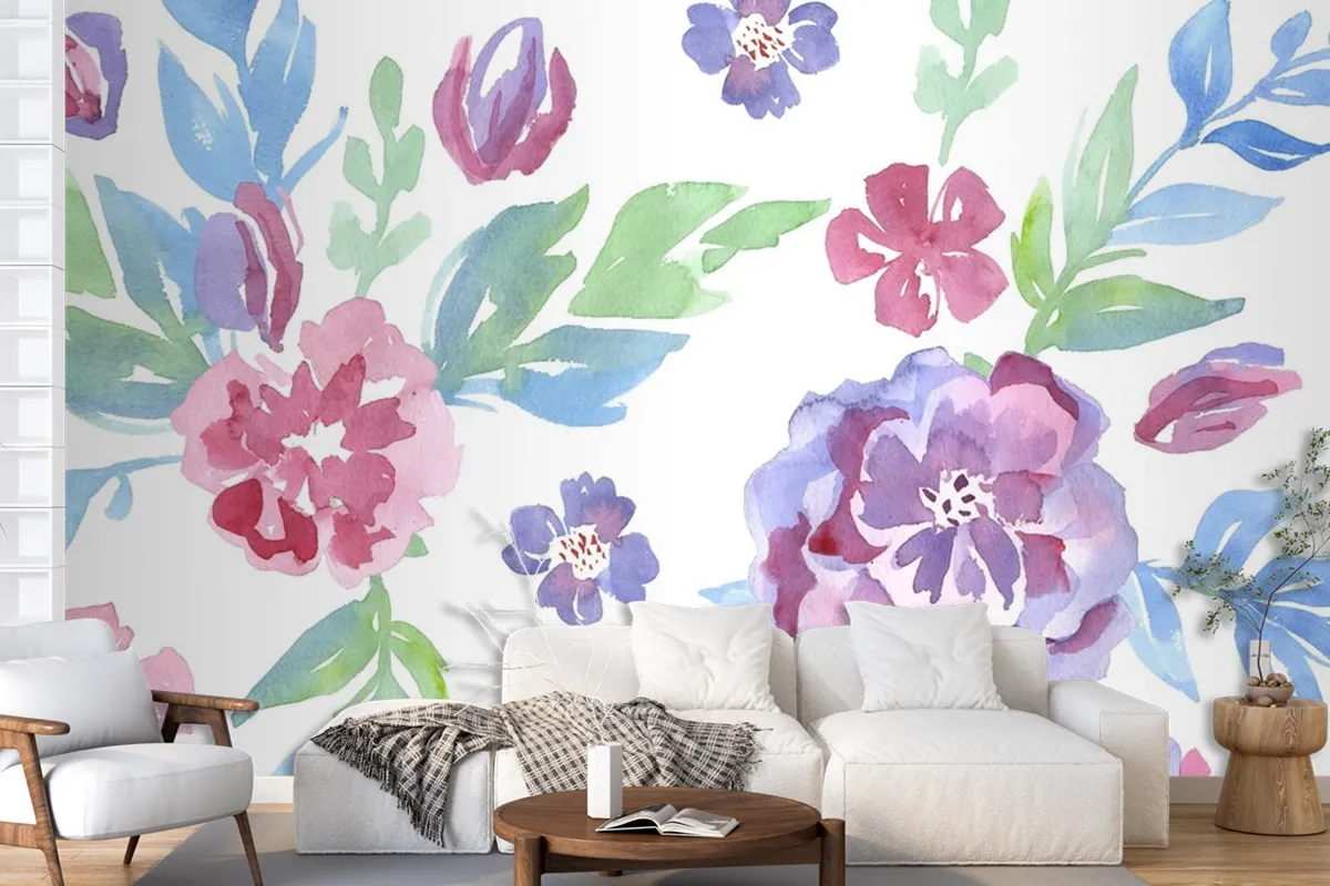 Fashionable Pattern In Watercolor Flowers Wallpaper Mural