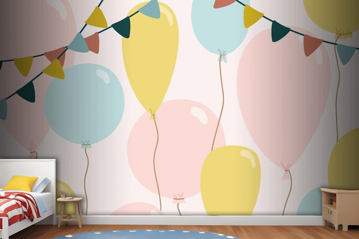 Festive Background With Blue Pink And Yellow Balloons Wallpaper Mural