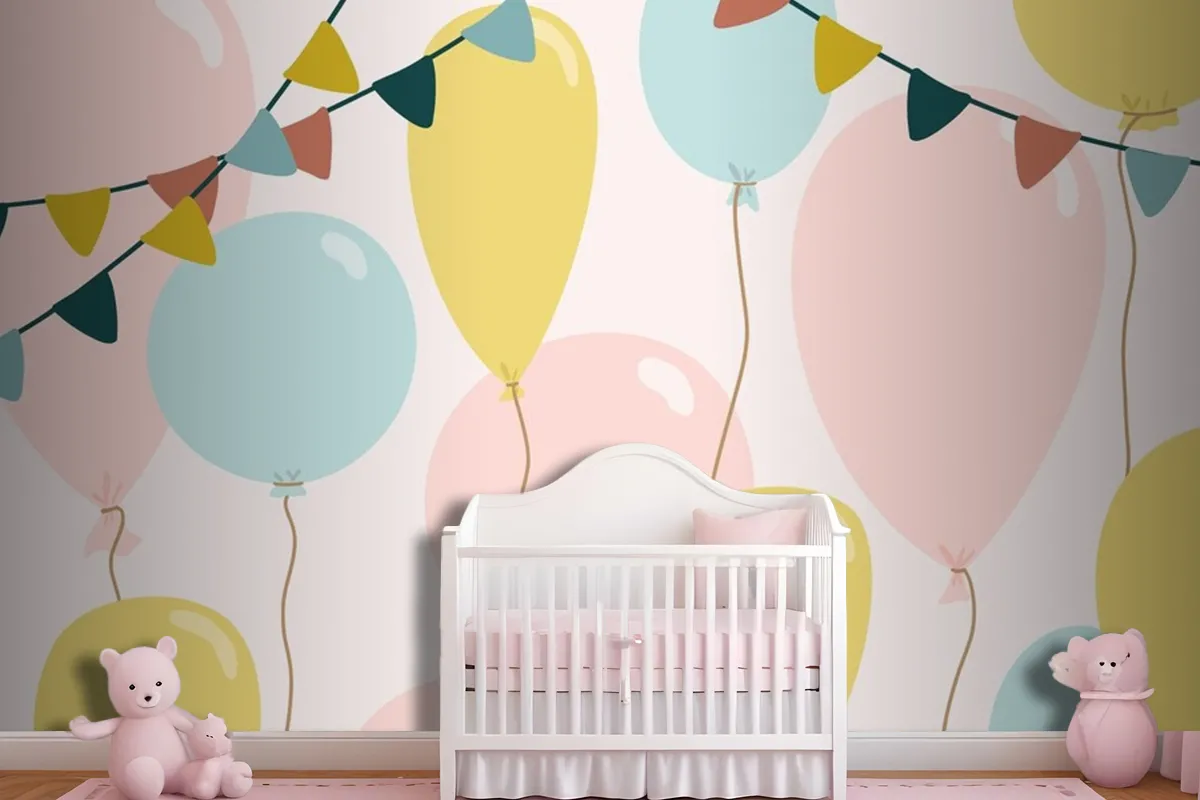 Festive Background With Blue Pink And Yellow Balloons Wallpaper Mural