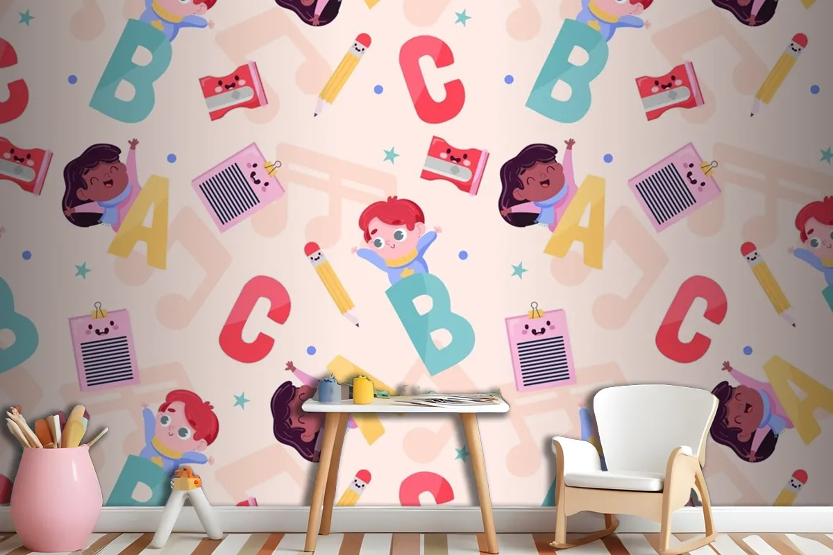 Flat Back To School Pattern Design Wallpaper Mural