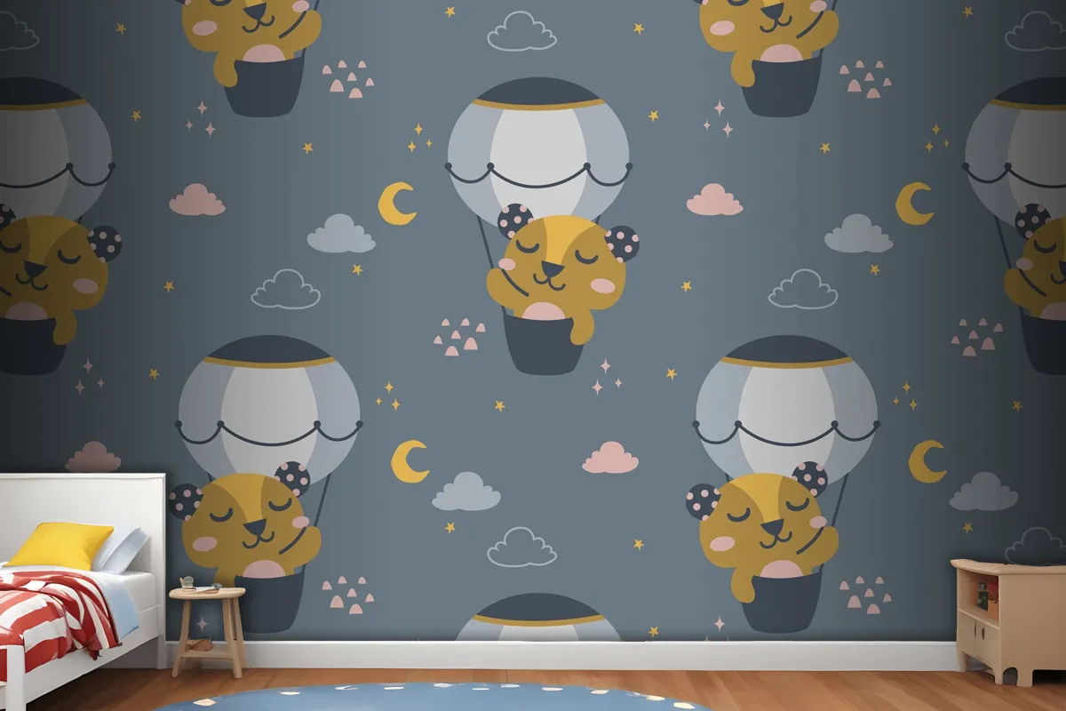 Fliying Cute Bear Scandinavian Pattern Wallpaper Mural