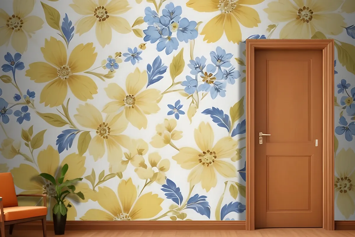 Floral Pattern With Large Yellow Flowers And Smaller Blue Flowers On A White Wallpaper Mural