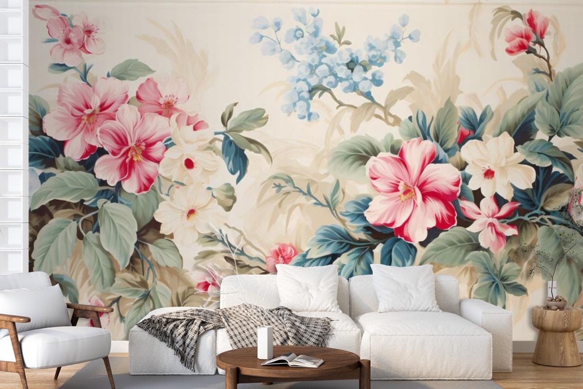 A Floral With Tropical Flowers And Leaves Wallpaper Mural