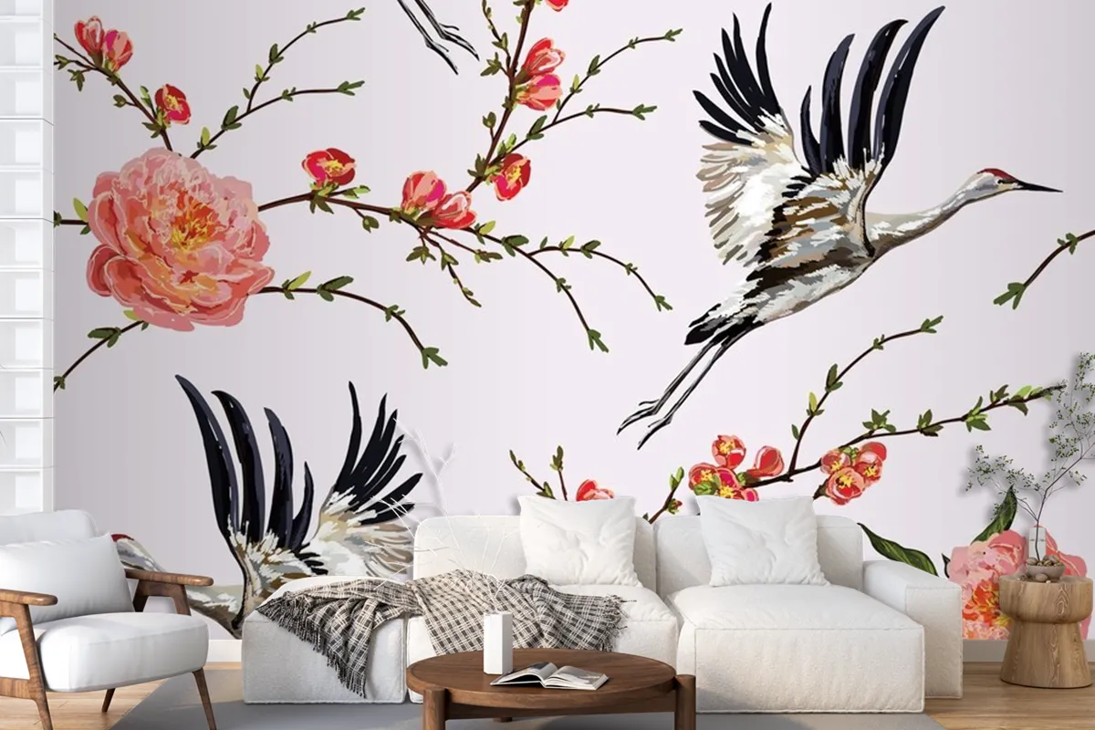 Flowers And Plants Flowers And Birds Seamless Print Pattern Wallpaper Mural