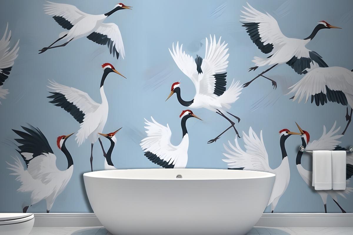 Flying Japanese Cranes Blue Painted Wallpaper Mural