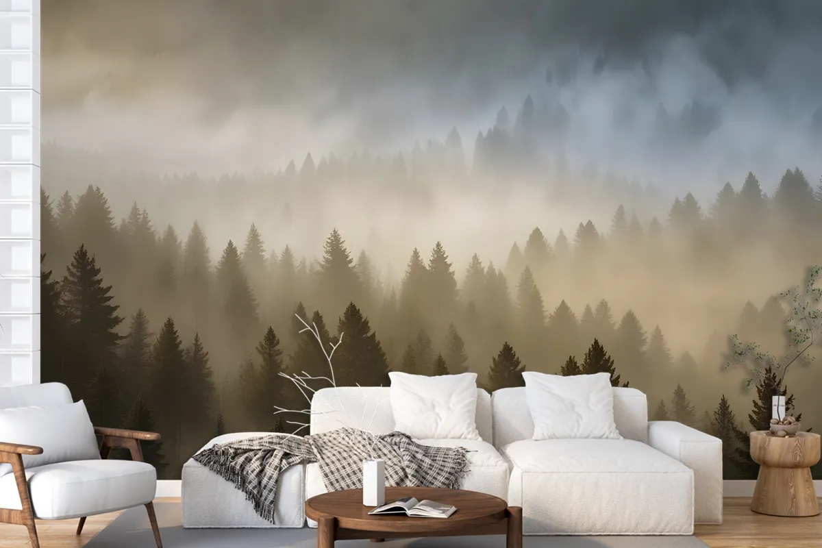 Foggy Pine Forest Landscape Wallpaper Mural