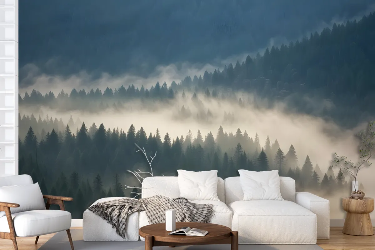 Foggy Pine Woods Landscape Wallpaper Mural