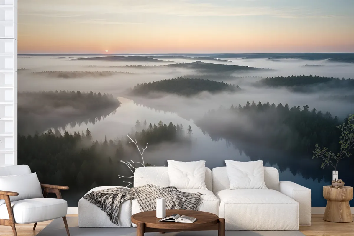 Foggy Rive Forest Landscape Wallpaper Mural