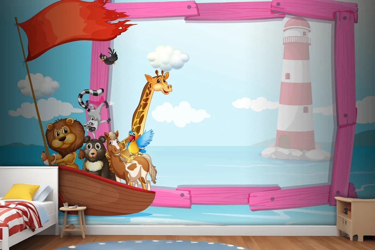 Frame With Wild Animals In The Boat Wallpaper Mural