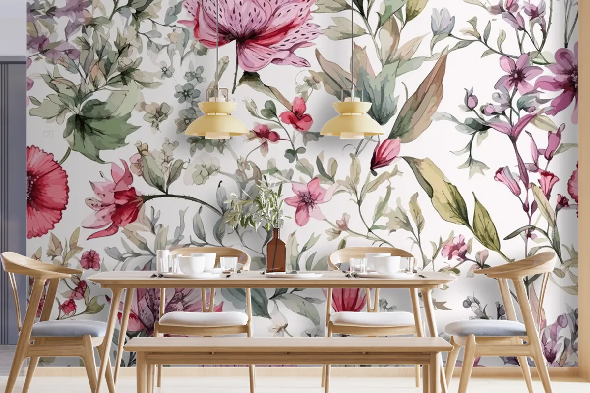 Colourful Floral Background With Leaves Wallpaper Mural