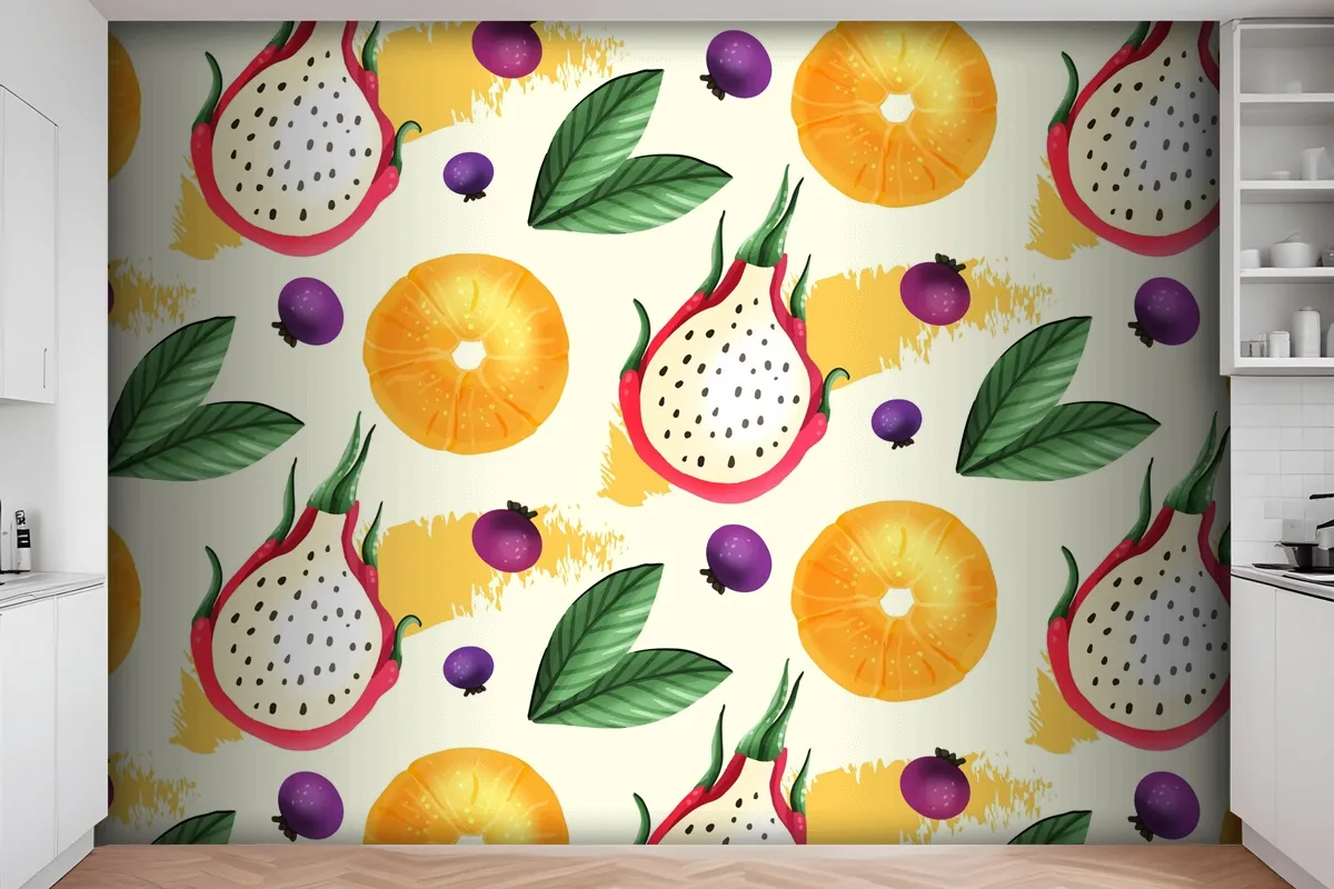 Fruits Pattern With Dragon Fruit Kitchen Wallpaper Mural