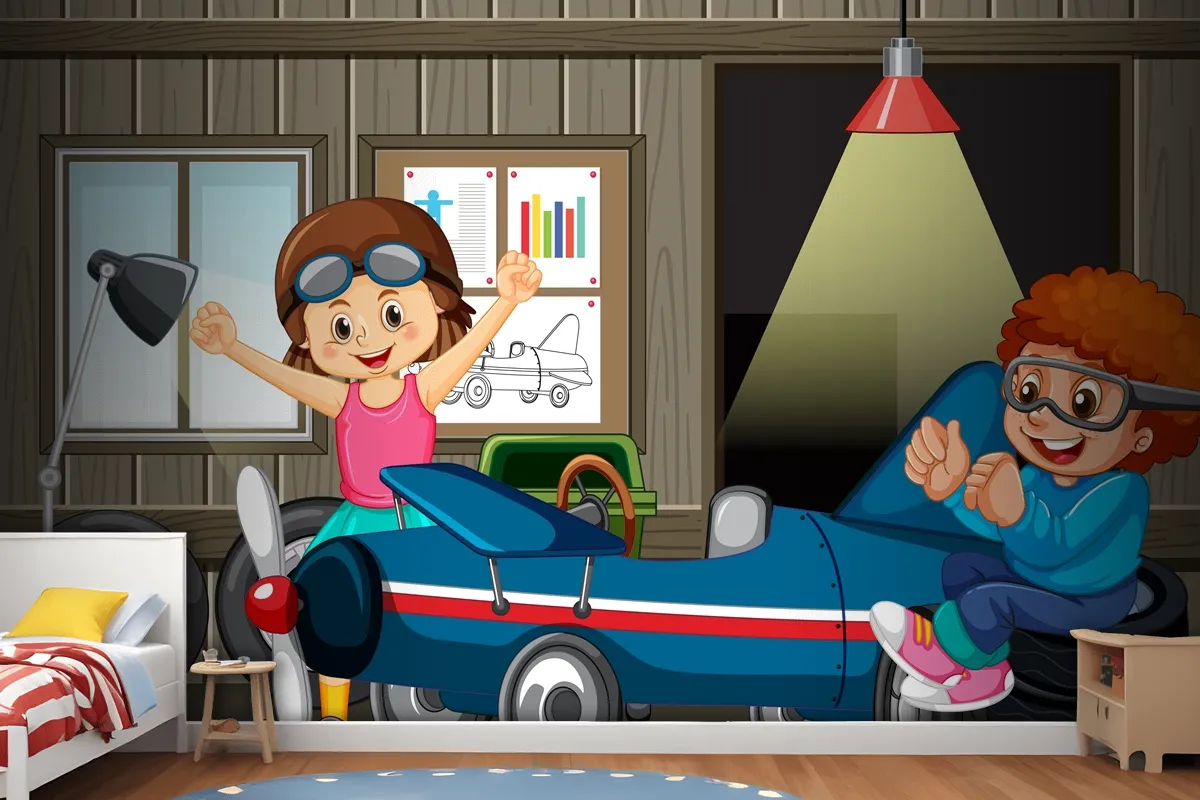 Garage Scene With Children Fixing A Car Together Wallpaper Mural