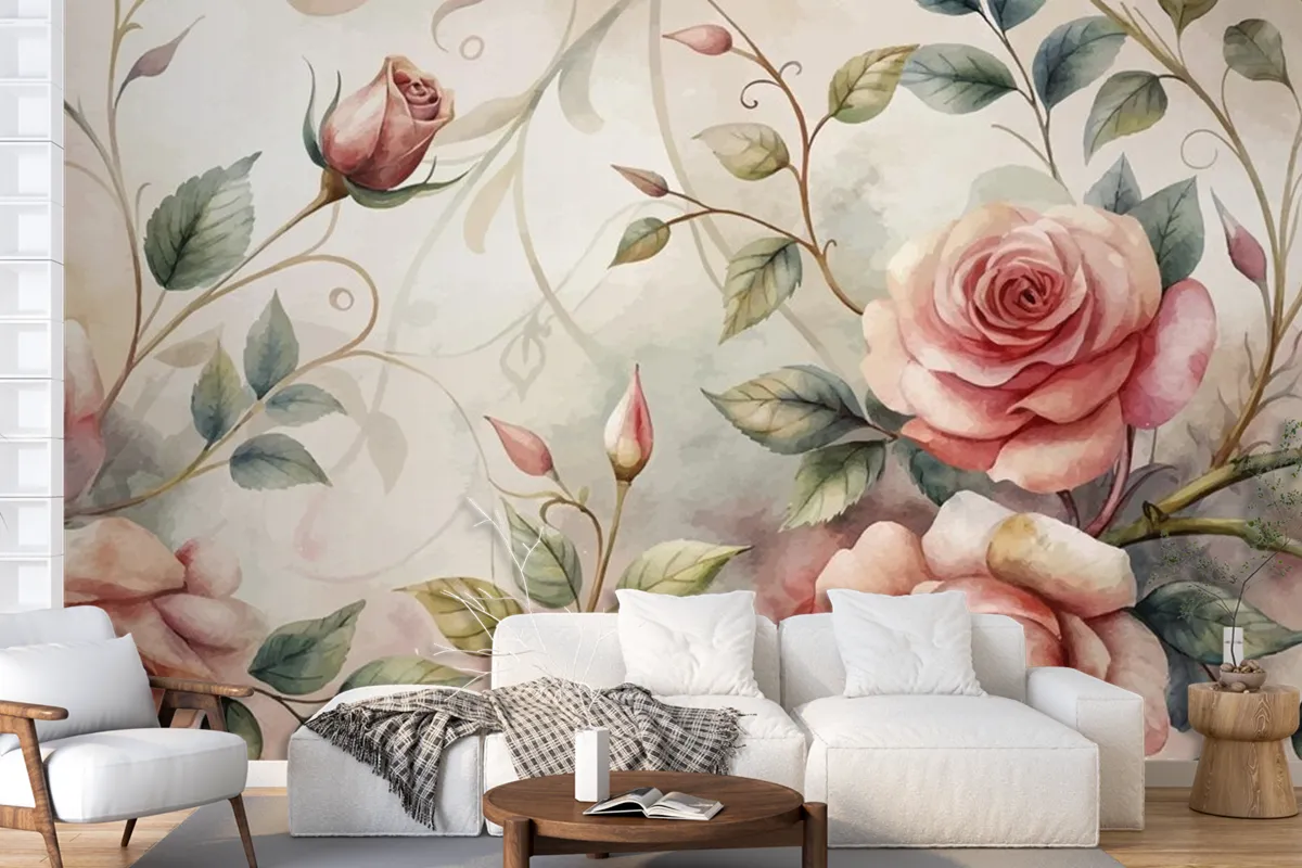 Graceful Rose Tree Pattern Watercolor Background Wallpaper Mural