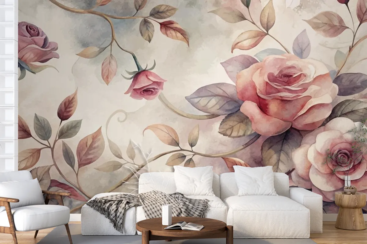 Graceful Rose Tree Pattern Watercolor Background Wallpaper Mural