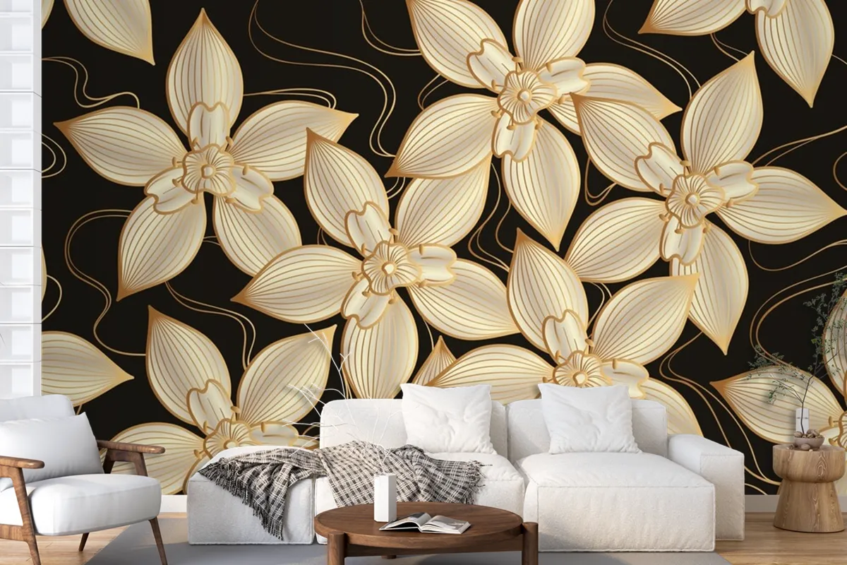 Gradient Golden Linear Background With Elegant Flowers Wallpaper Mural