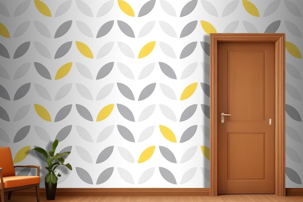 Gray And Yellow Leaf Shapes Arranged In A Repeating Geometric Design Wallpaper Mural