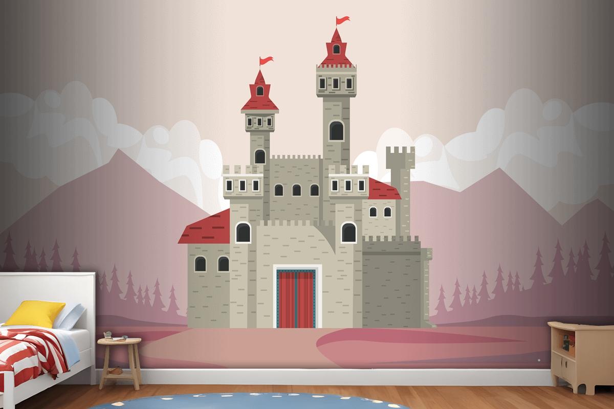 Gray Castle In Pink Landscape Scene Wallpaper Mural