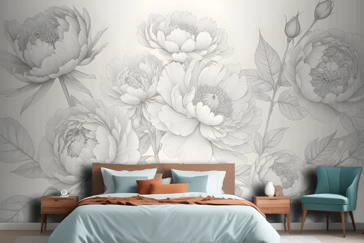 Gray Large Illustrated Roses Wallpaper Mural
