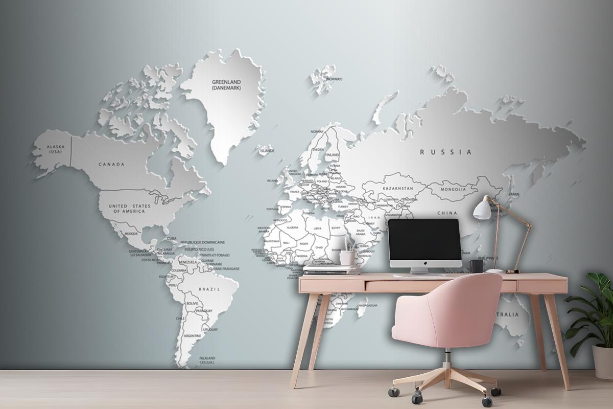 Gray World Map Countries Wallpaper Mural