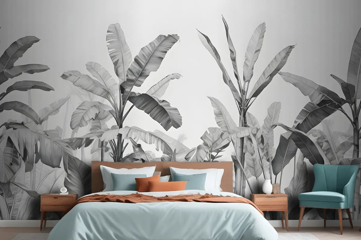Grayscale Vintage Tropical Plants Wallpaper Mural