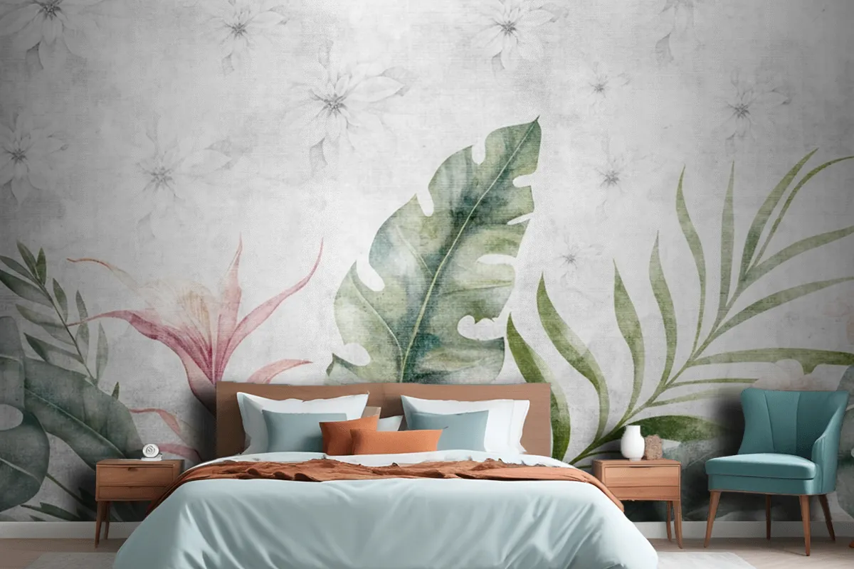 Green Branches Tree Leaves On Drawing Gray Wallpaper Mural