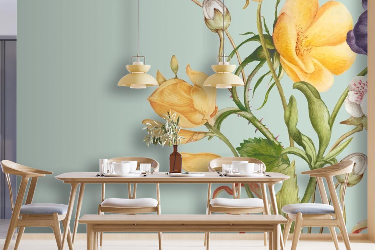 Green Floral Background In Pastel Paper Texture Style Wallpaper Mural