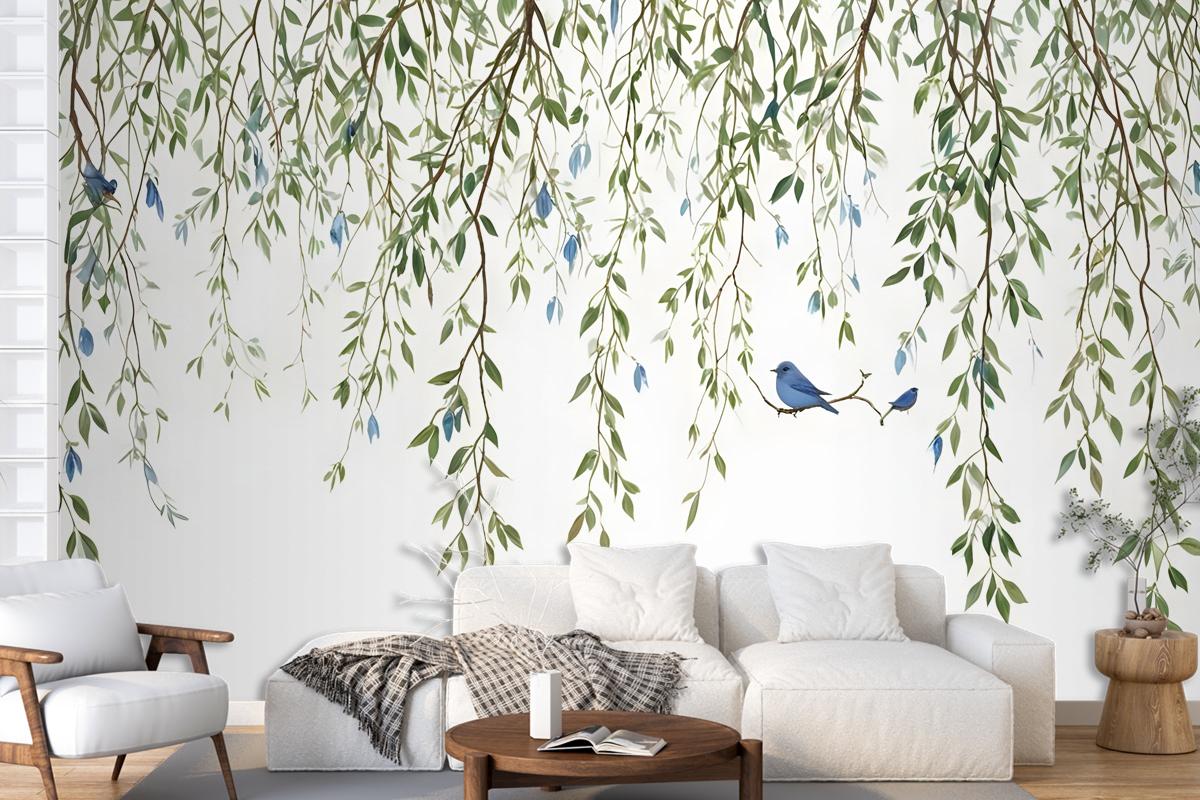 Green Hanging Leaves With Colorful Birds Wallpaper Mural