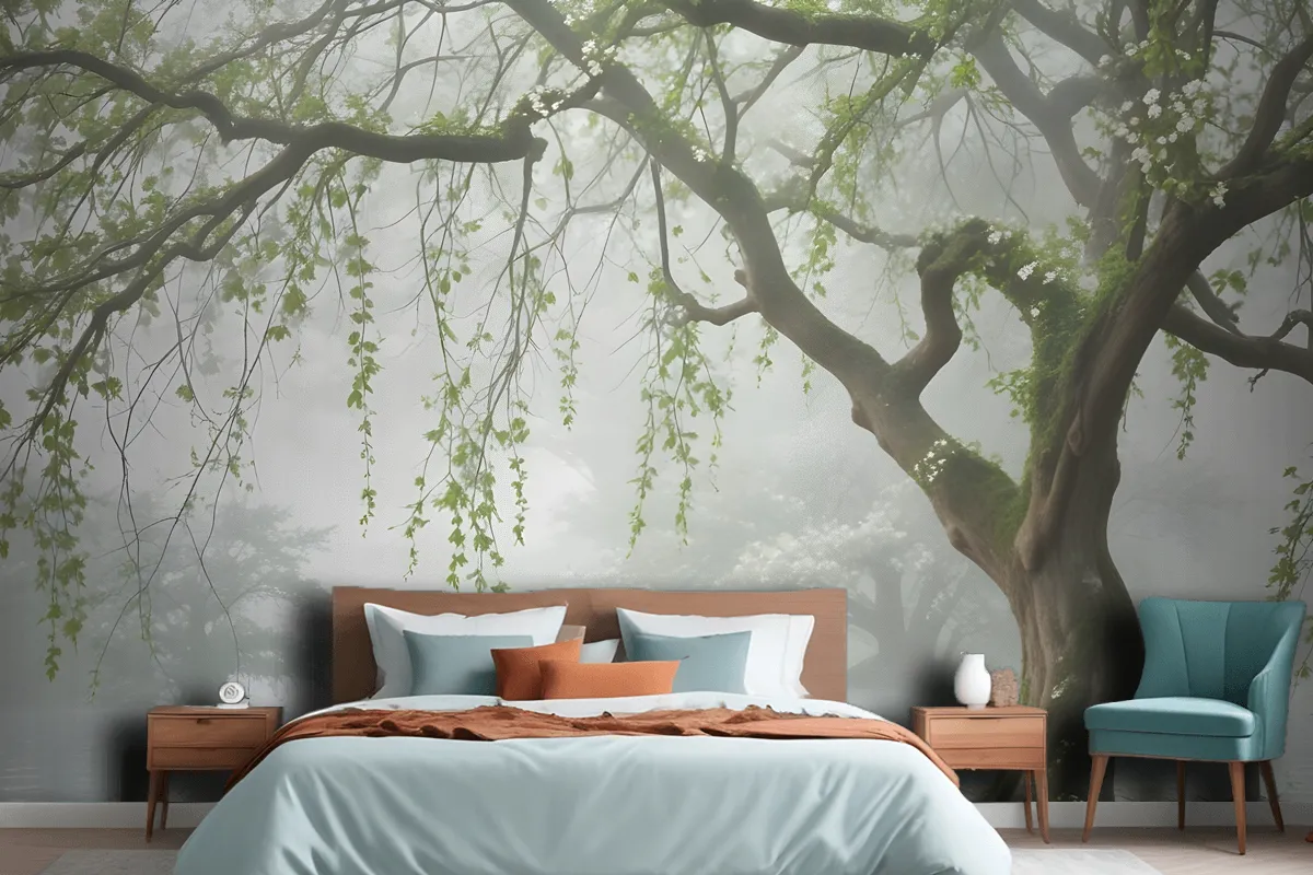 Green White Leaves And Flowers Tree Branches Wallpaper Mural