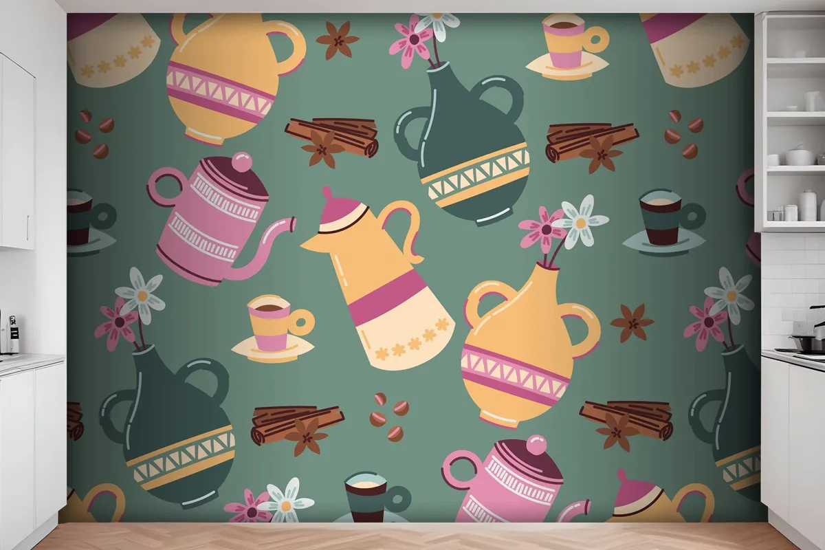 Hand Drawn Colorful Coffee Pattern Wallpaper Mural