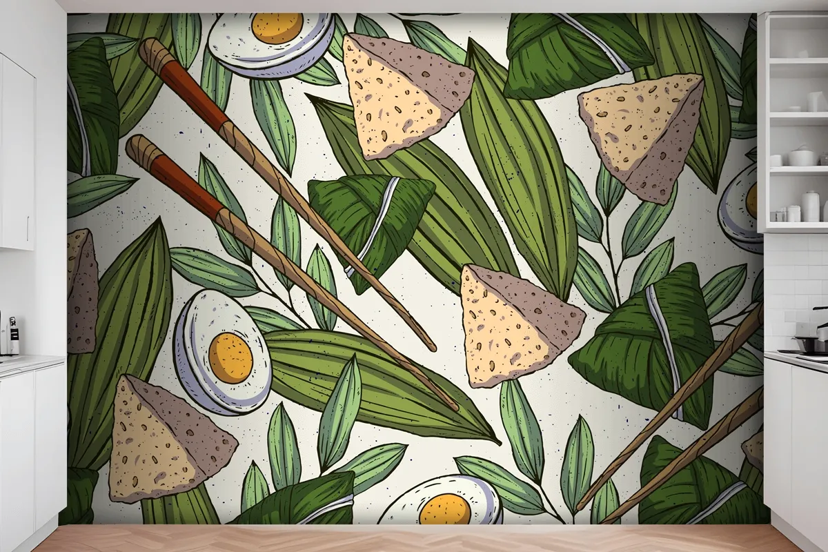 Hand Drawn Dragon Boats Zongzi Wallpaper Mural