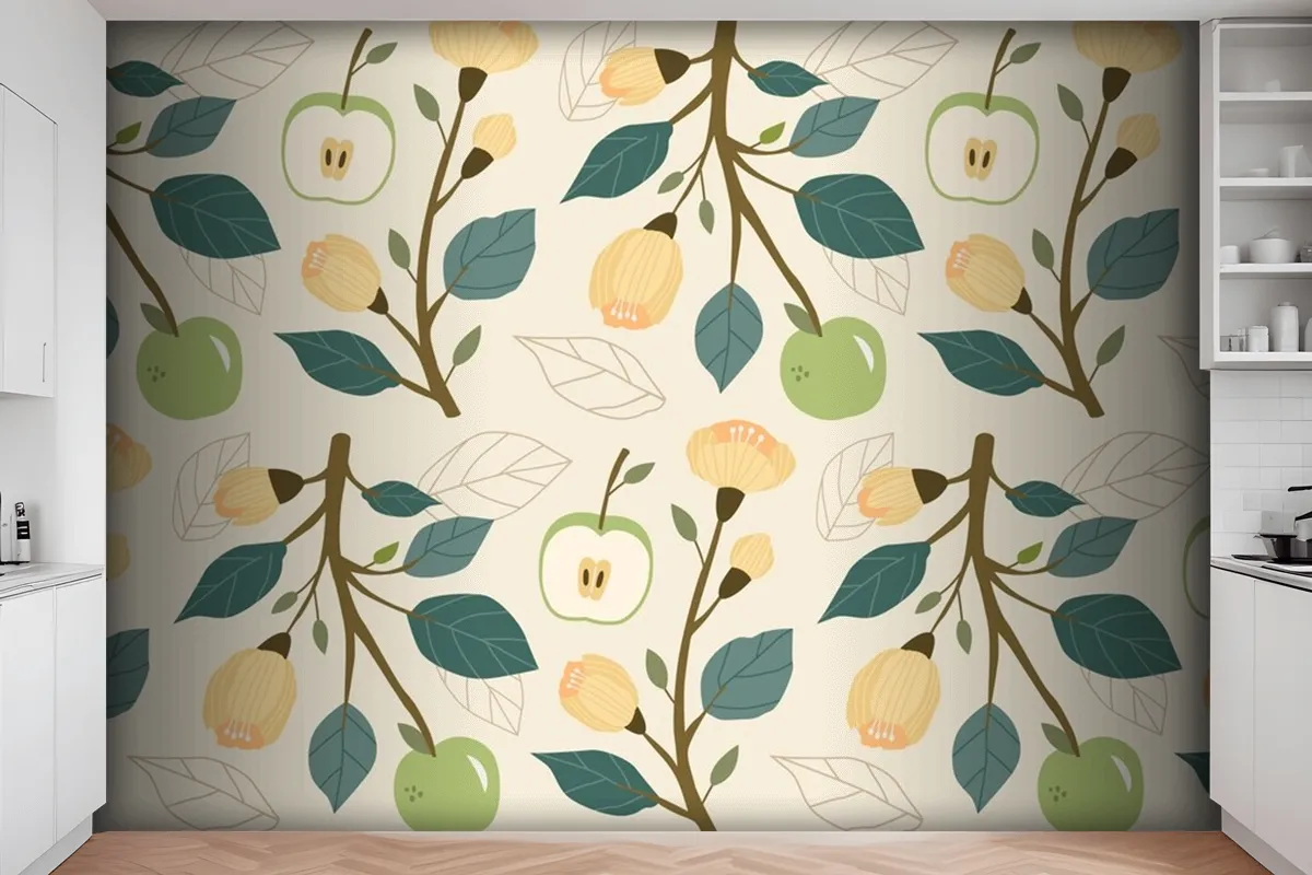 Hand Drawn Flat Fruit And Floral Pattern Kitchen Wallpaper Mural