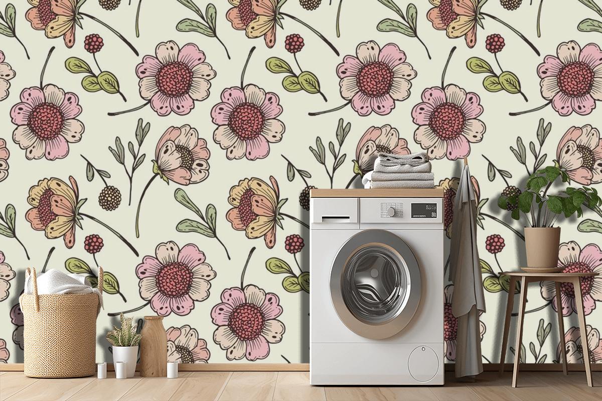 Hand Drawn Floral Pattern In Peach Tones Wallpaper Mural