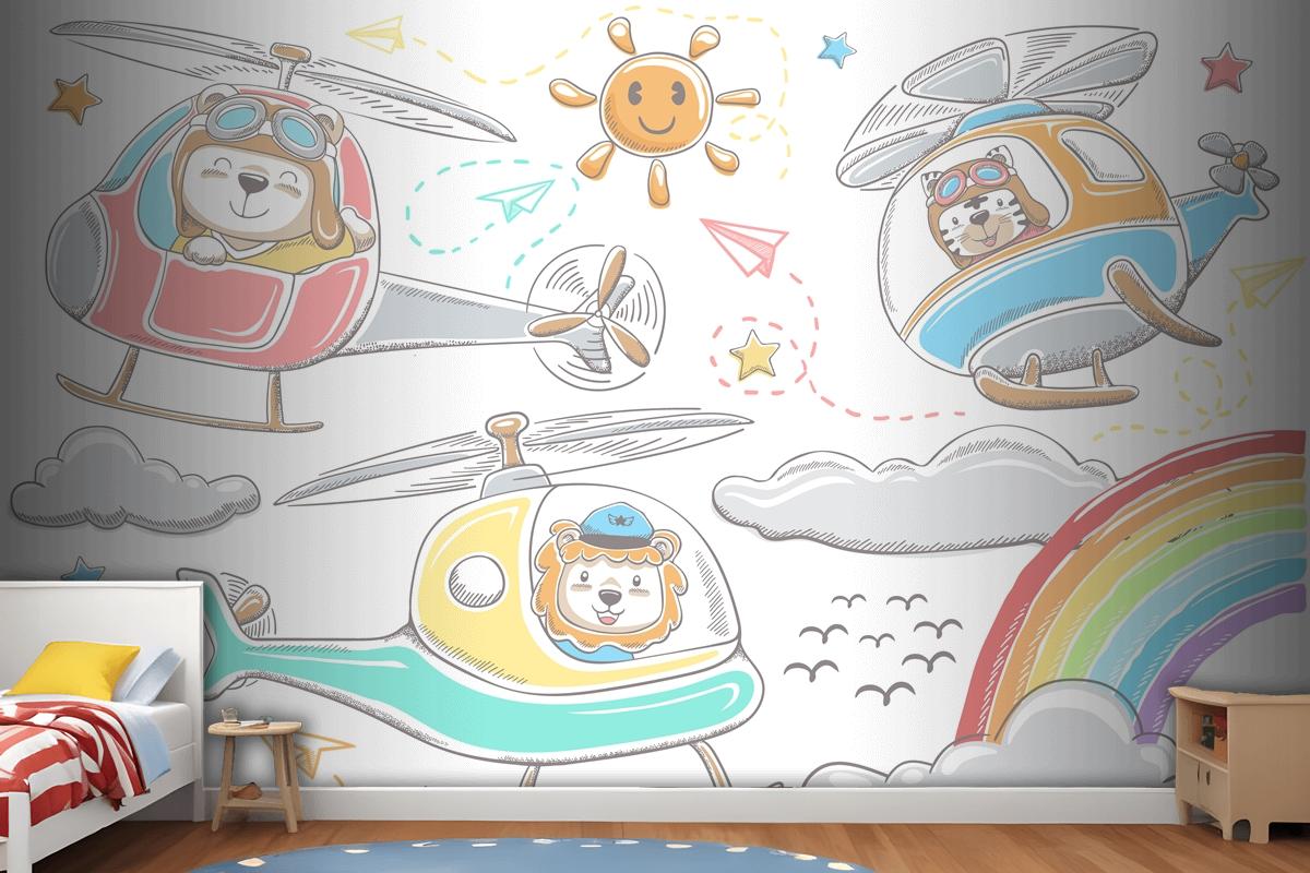 Hand Drawn Funny Animals Cartoon On Helicopters Sky Object Elements Cartoon Wallpaper Mural