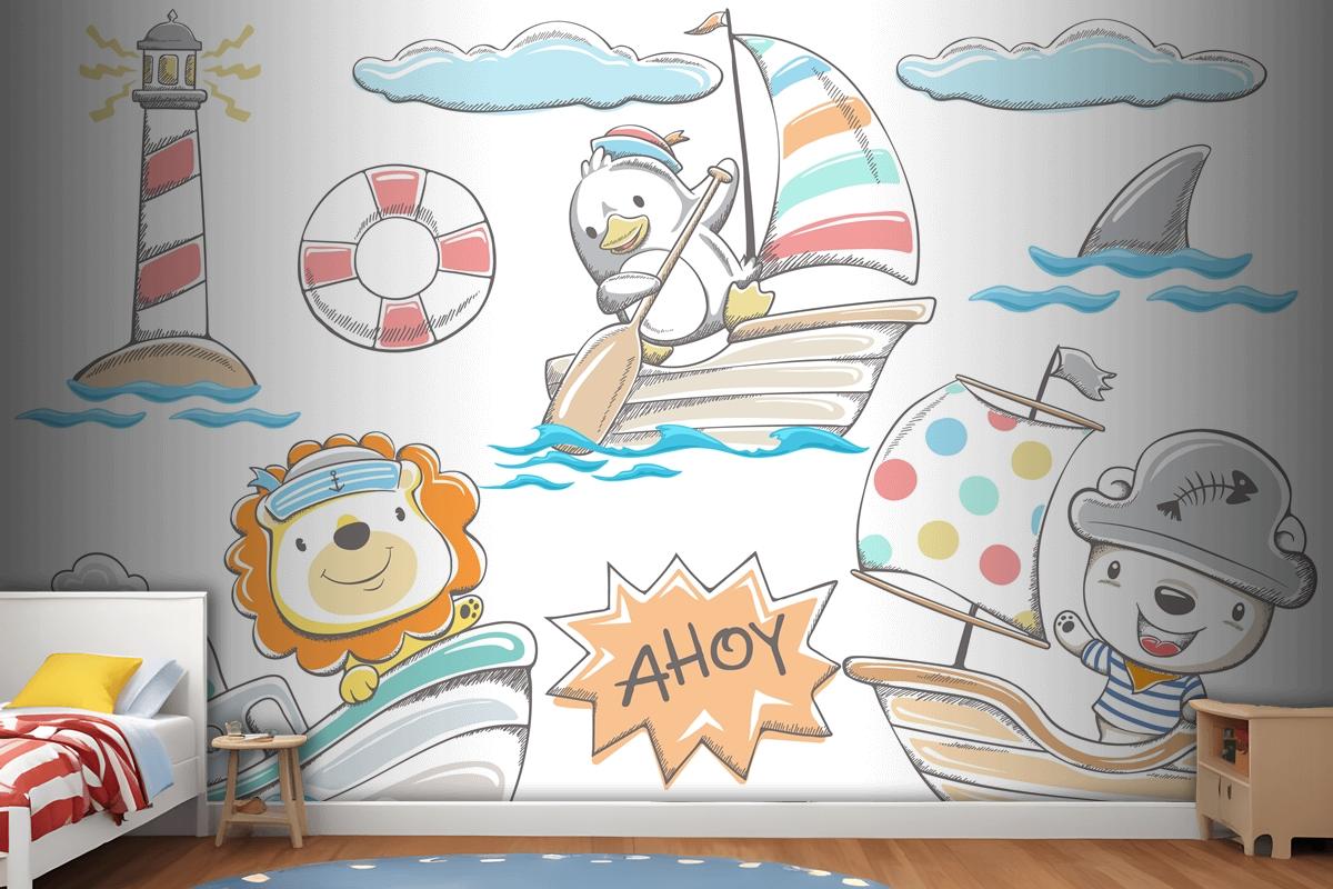 Hand Drawn Funny Animals Sailor With Sea Elements Wallpaper Mural