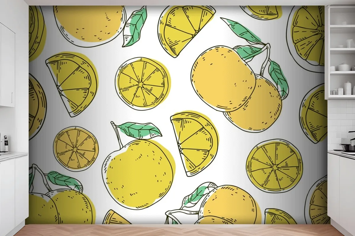 Hand Drawn Lineal Engraved Lemon Pattern Wallpaper Mural