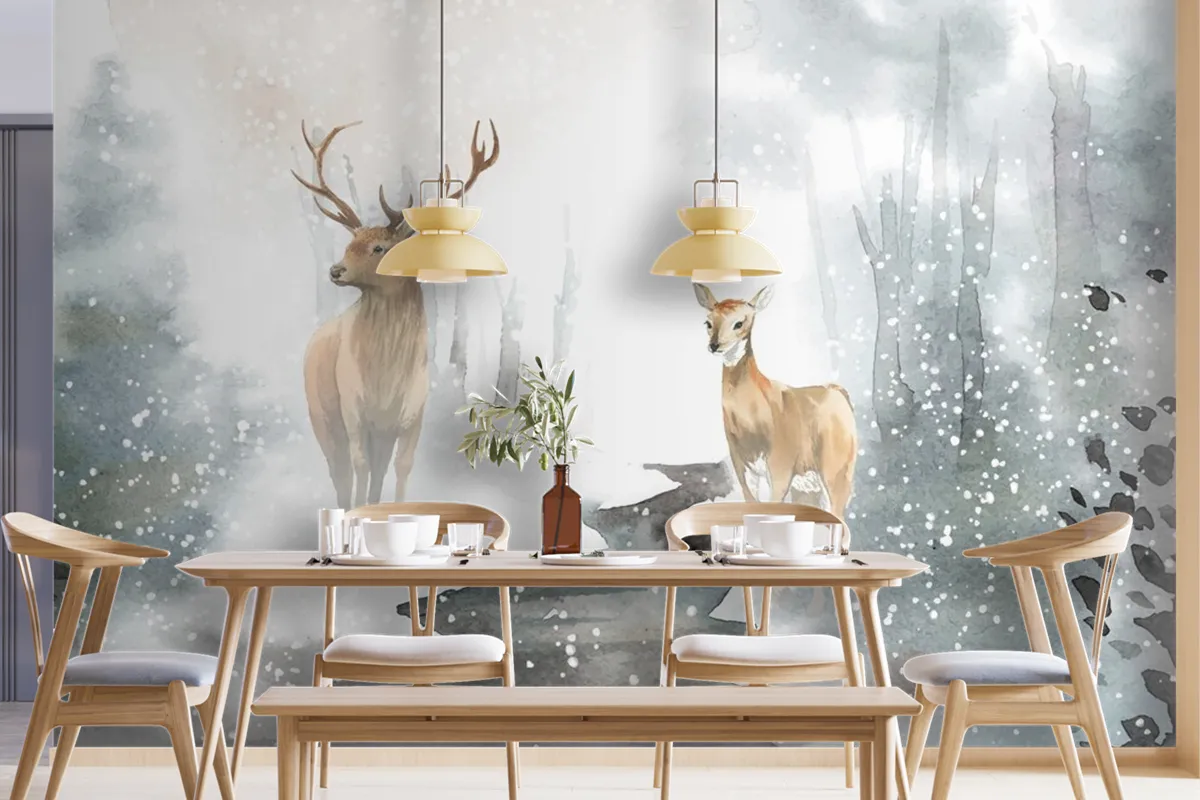 Handdrawn Pair Of Deer Watercolor Style Wallpaper Mural