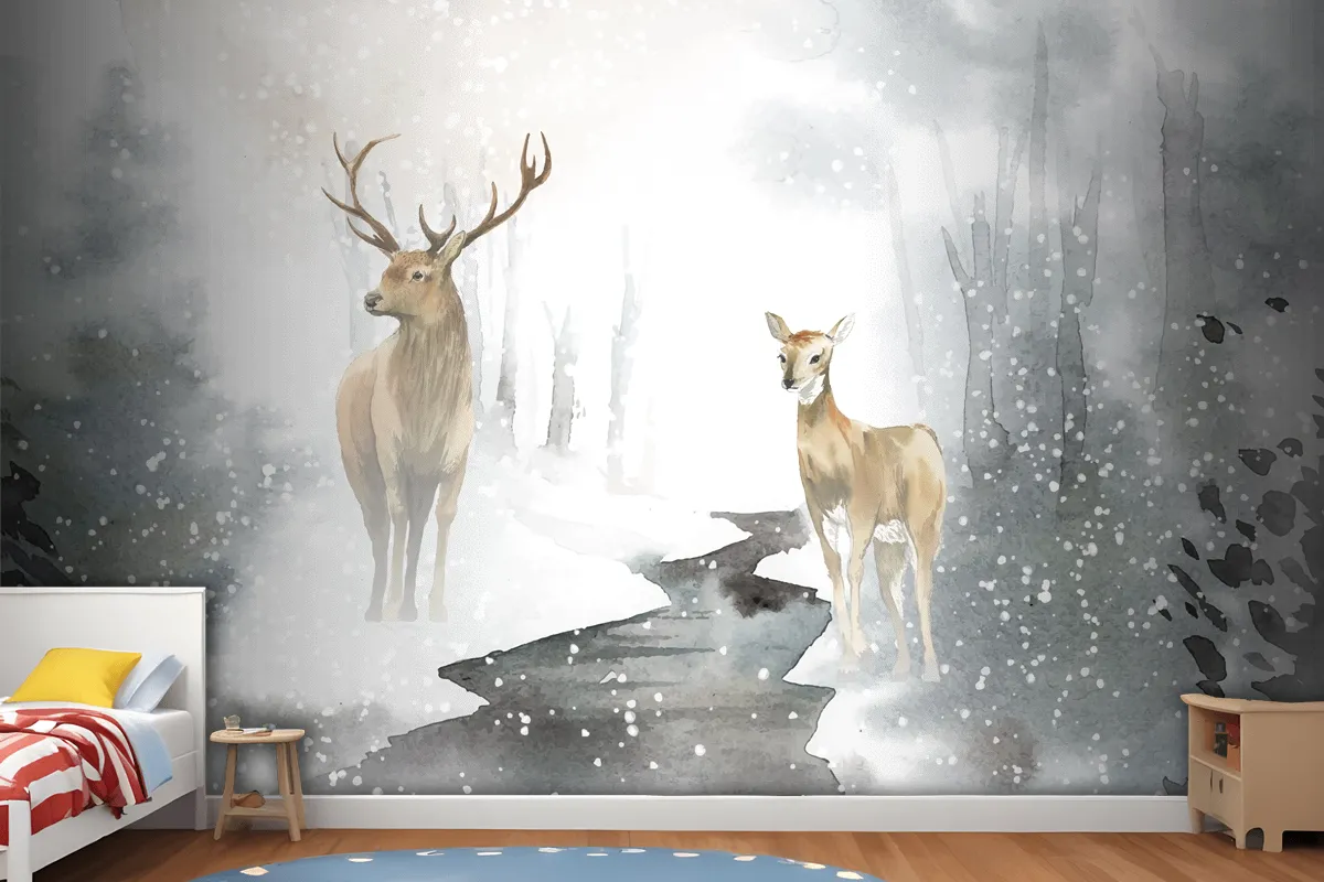 Handdrawn Pair Of Deer Watercolor Style Wallpaper Mural