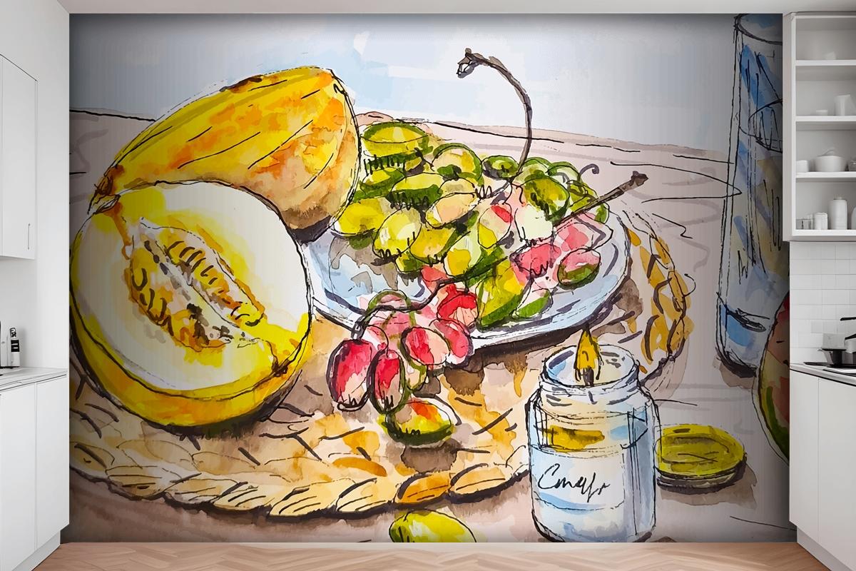 Hand Drawn Sketch Fruits On The Table At The Kitchen Grape Melon Mango Wallpaper Mural