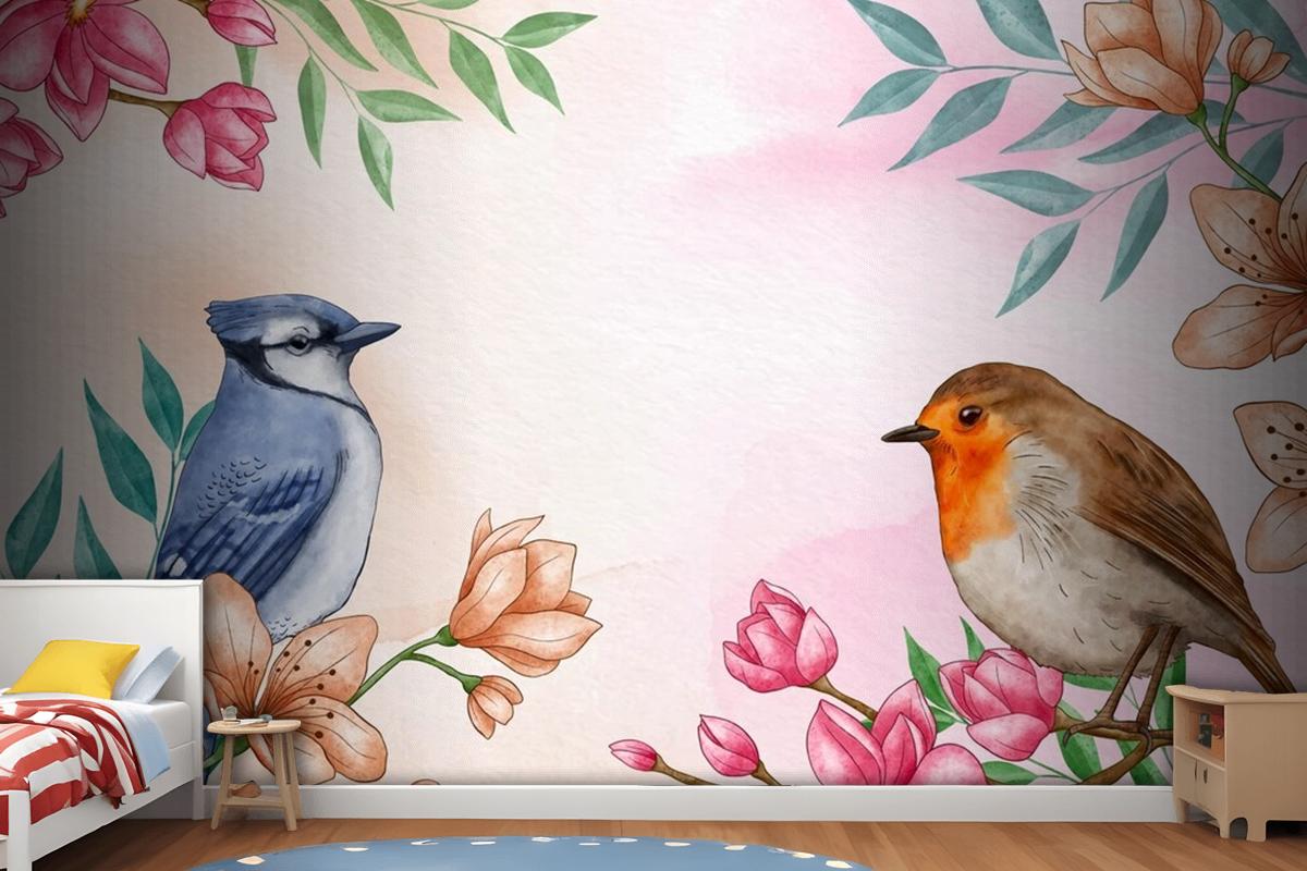 Hand Painted Watercolor Floral Birds Background Wallpaper Mural