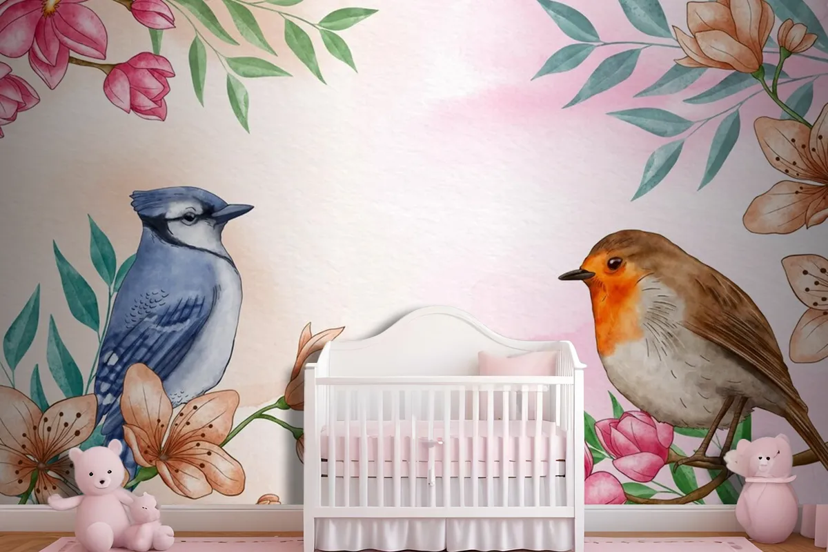 Hand Painted Watercolor Floral Birds Background Wallpaper Mural