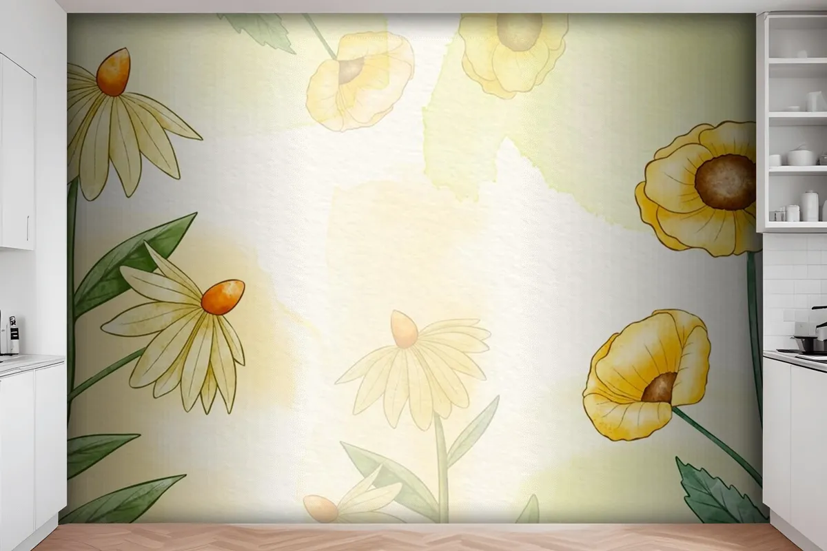 Hand Painted Watercolor Floral Kitchen Wallpaper Mural