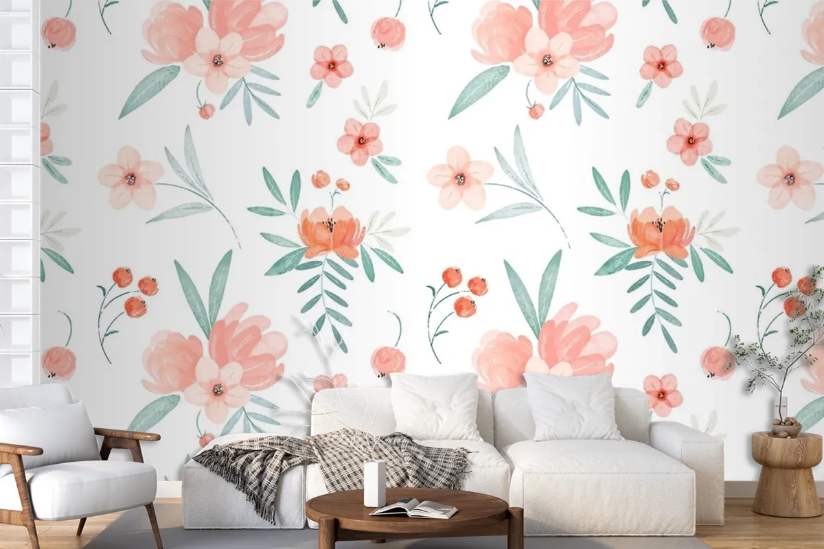 Hand Painted Watercolor Floral Pattern In Peach Tones Wallpaper Mural