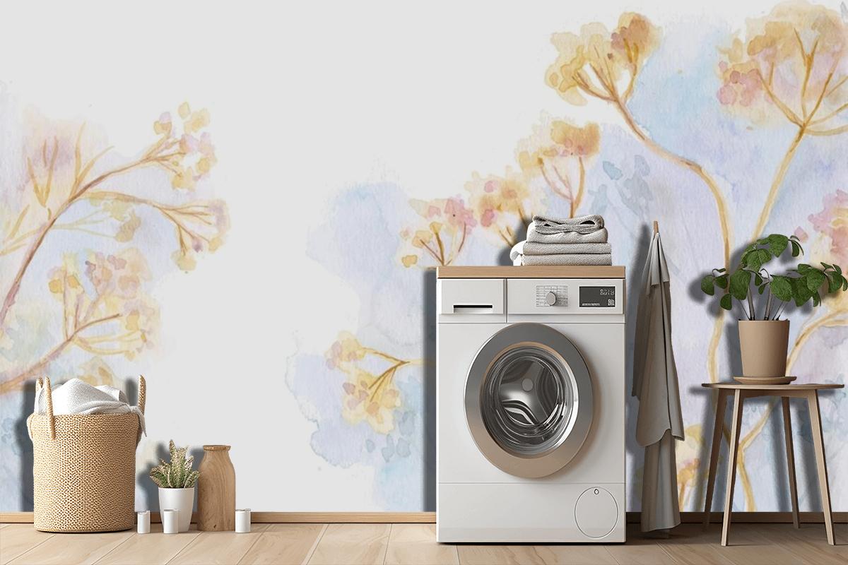 Hand Painted Watercolor Nature Laundry Room Wallpaper Mural