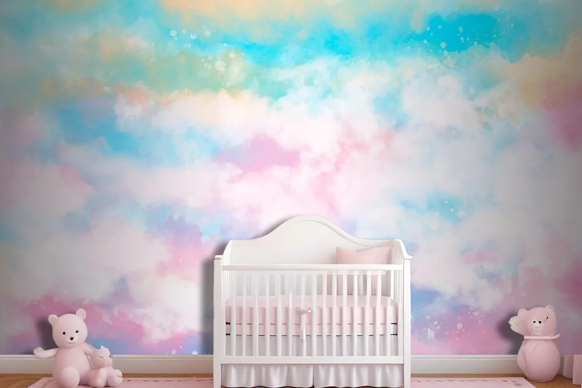 Hand Painted Watercolor Pastel Sky Background Girl Wallpaper Mural