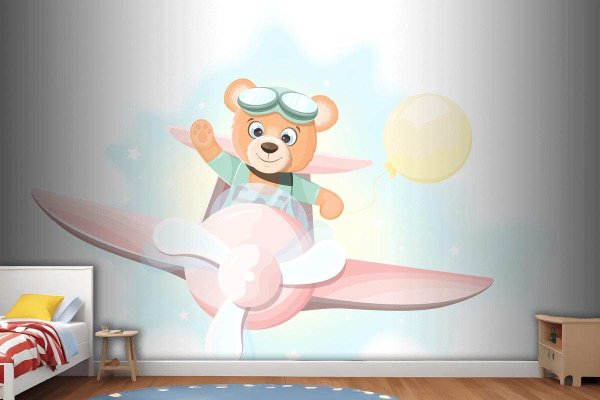 Happy Teddy Bear Flying On An Airplane Wallpaper Mural