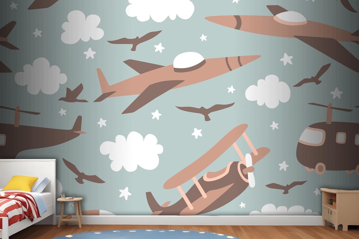 Hipster Doodles Colorful Seamless Pattern With Plane Drawing Boy Wallpaper Mural