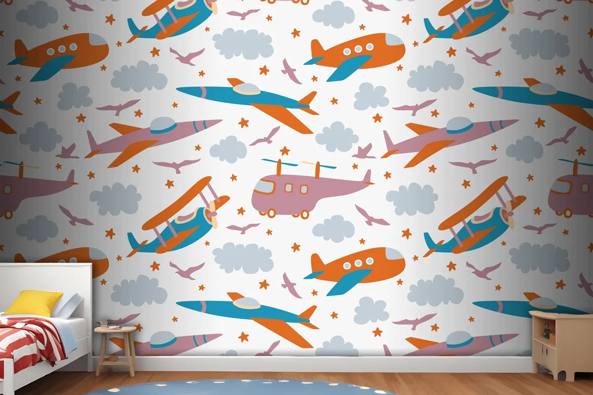 Hipster Doodles Colorful Seamless Pattern With Plane Drawing Wallpaper Mural