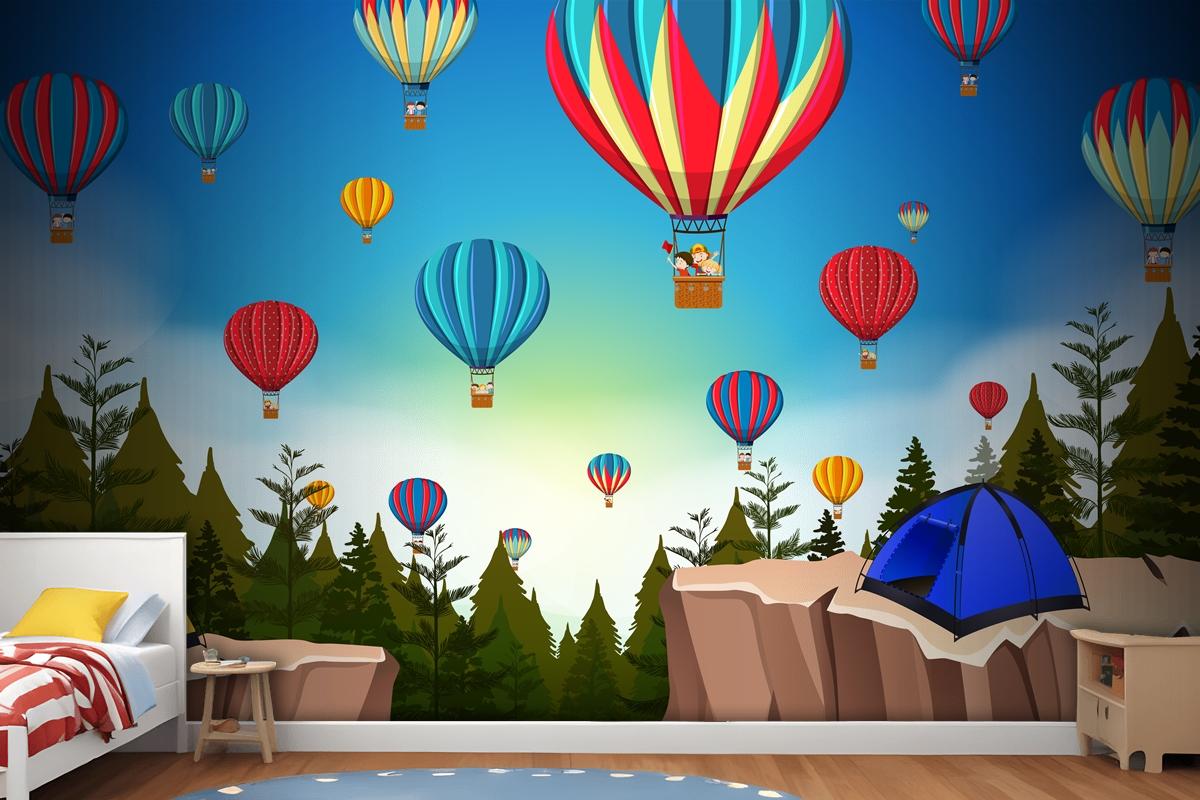 Hot Air Balloon In Nature Landscape Wallpaper Mural