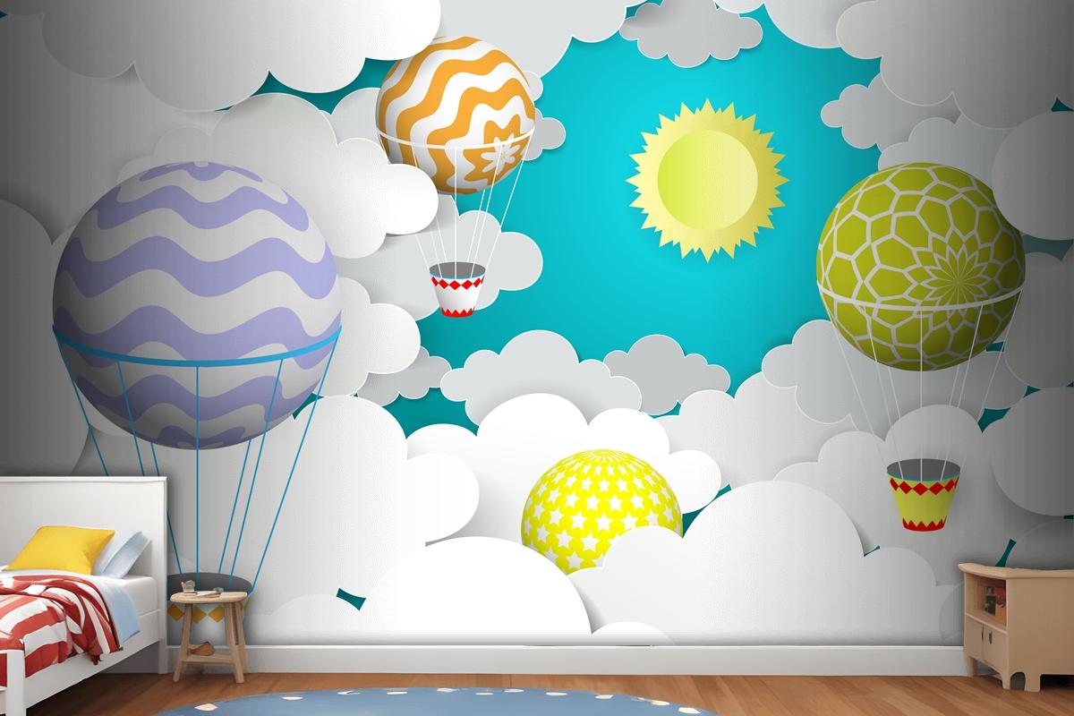 Hot Air Balloons In The Sky Paper Art Style Wallpaper Mural