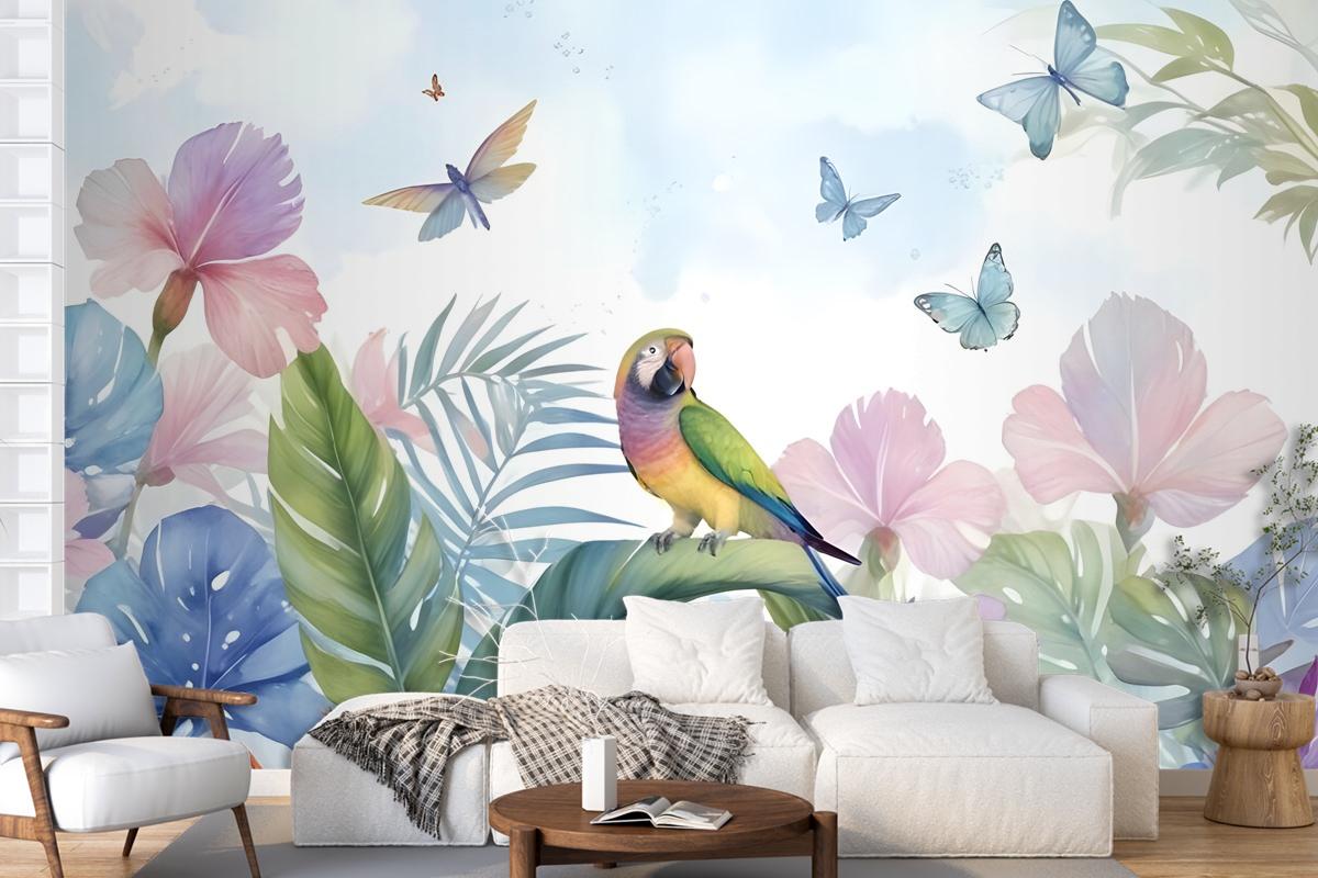 Hydrangea And Peony With Parrot Wallpaper Mural